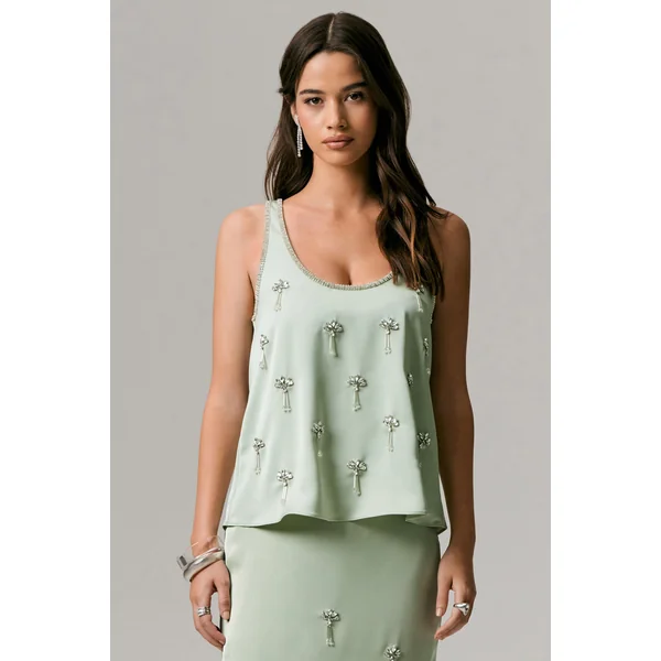 Arianna | Top en satin menthe à encolure arrondie ornée