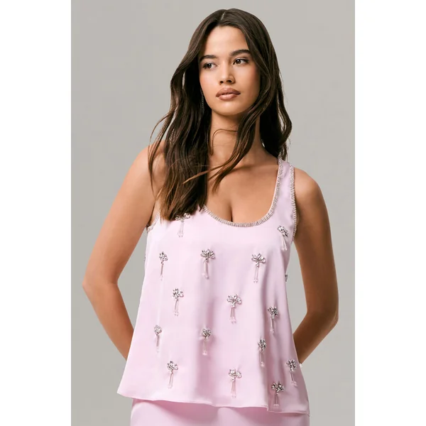 Arianna | Top en satin rose à encolure arrondie ornée