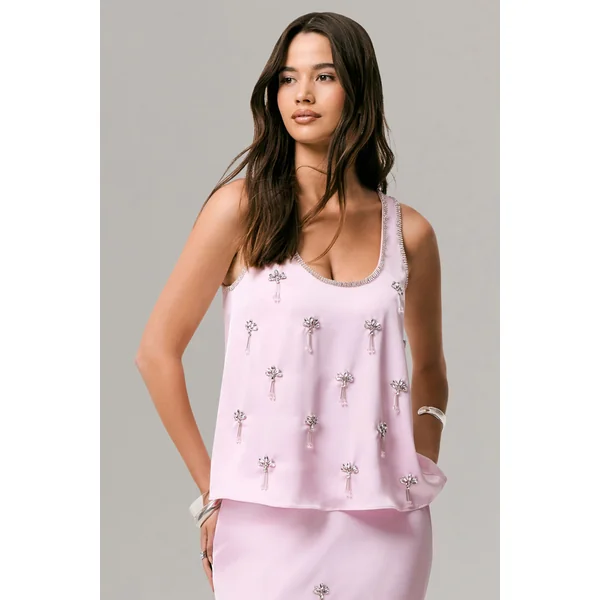 Arianna | Top en satin rose à encolure arrondie ornée