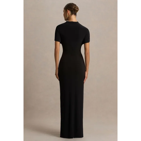Arlena | Robe longue noire à col montant et drapé croisé