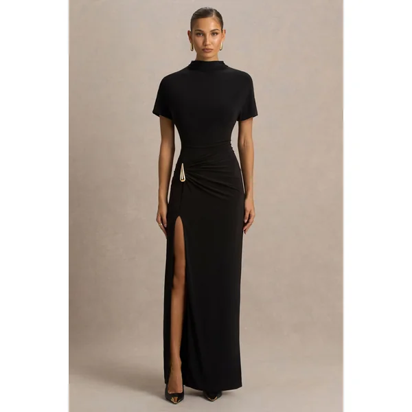 Arlena | Robe longue noire à col montant et drapé croisé