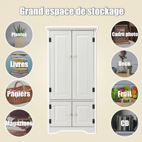 Armoire de Rangement avec Porte et 2 Étagères Réglables pour Salon Chambre Bureau en Bois MDF, 58,5x31,4x123cm, Blanc