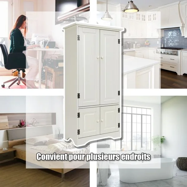 Armoire de Rangement avec Porte et 2 Étagères Réglables pour Salon Chambre Bureau en Bois MDF, 58,5x31,4x123cm, Blanc