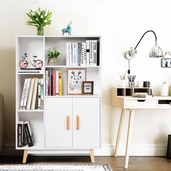 Armoire de Rangement Bibliothèque Style Scandinave 5 Etagères Ouvertes 1 Porte en MDF et Bois 80x24x119cm Blanc