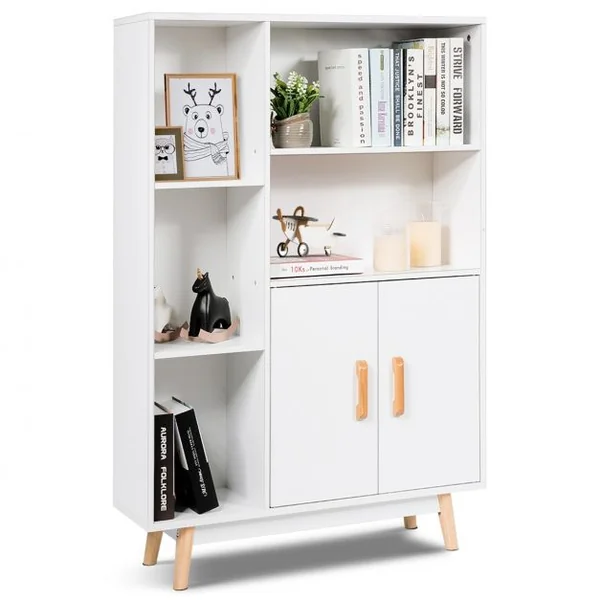 Armoire de Rangement Bibliothèque Style Scandinave 5 Etagères Ouvertes 1 Porte en MDF et Bois 80x24x119cm Blanc