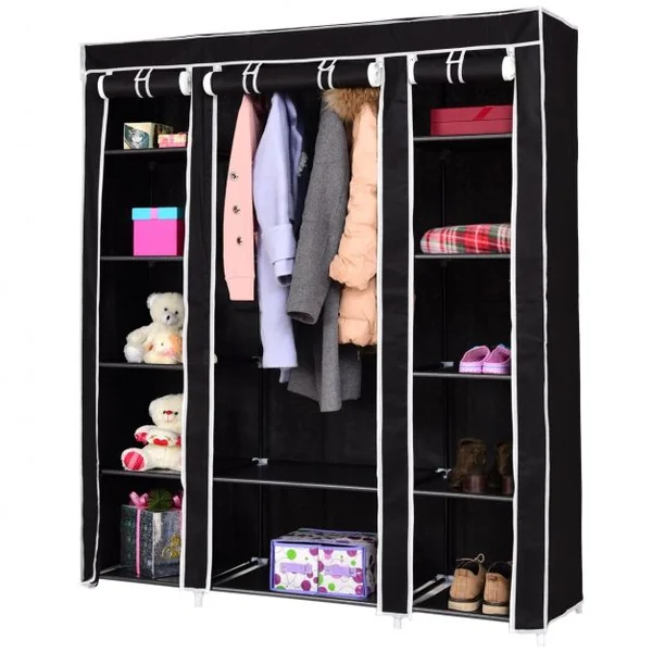 Armoire de Rangement Penderie à vêtement Pliable 11 Compartiments et 1 Tringle en Tissu + Fer, 150x46x179cm, Noir