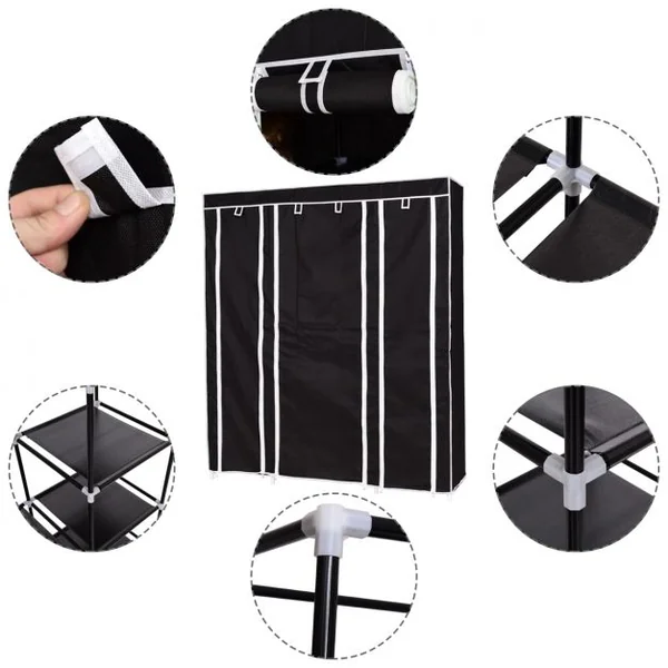 Armoire de Rangement Penderie à vêtement Pliable 11 Compartiments et 1 Tringle en Tissu + Fer, 150x46x179cm, Noir