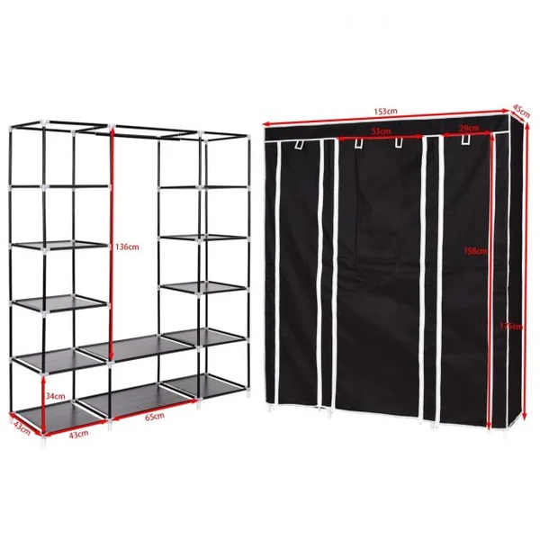 Armoire de Rangement Penderie à vêtement Pliable 11 Compartiments et 1 Tringle en Tissu + Fer, 150x46x179cm, Noir