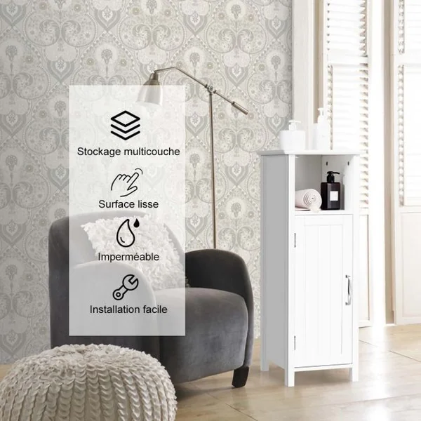 Armoire de Salle de Bains avec Etagère Réglable en Hauteur et 1 Porte pour Toilettes en Bois 30x30x80cm Blanc