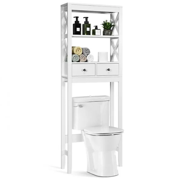 Armoire de Salle de Bains Meuble de Rangement Au-dessus Des Toilettes 2 Tiroirs en Bois 60x20x165cm Blanc