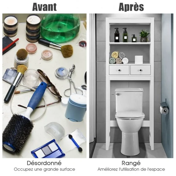 Armoire de Salle de Bains Meuble de Rangement Au-dessus Des Toilettes 2 Tiroirs en Bois 60x20x165cm Blanc