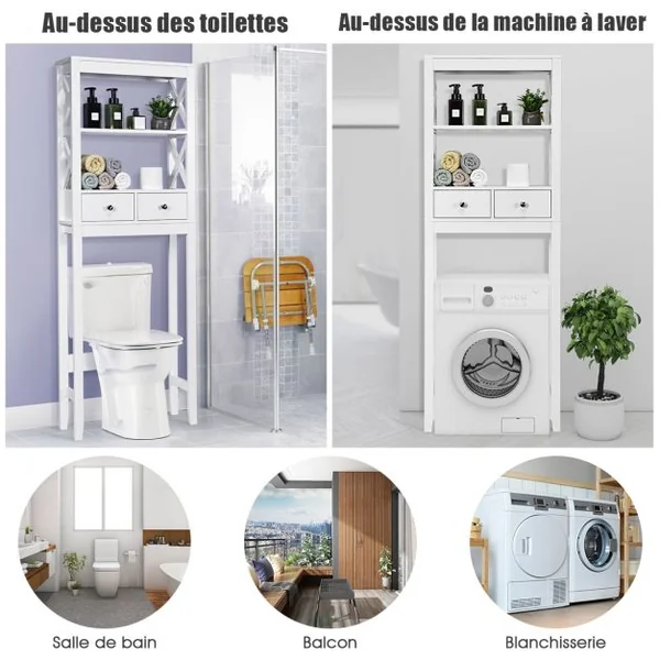 Armoire de Salle de Bains Meuble de Rangement Au-dessus Des Toilettes 2 Tiroirs en Bois 60x20x165cm Blanc
