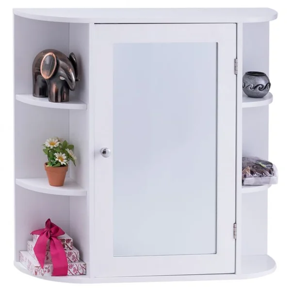 Armoire de Toilette avec Miroir Armoire à Glace Murale Armoire à Pharmacie 10 Étagères en MDF, 66x16,5x63cm, Blanc