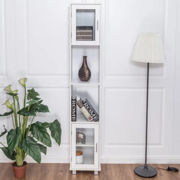 Armoire haute étroite Etagère salle de bain Meuble salle de bain, Etagères ouvertes et fermées, MDF, 33x30x180cm, Blanc