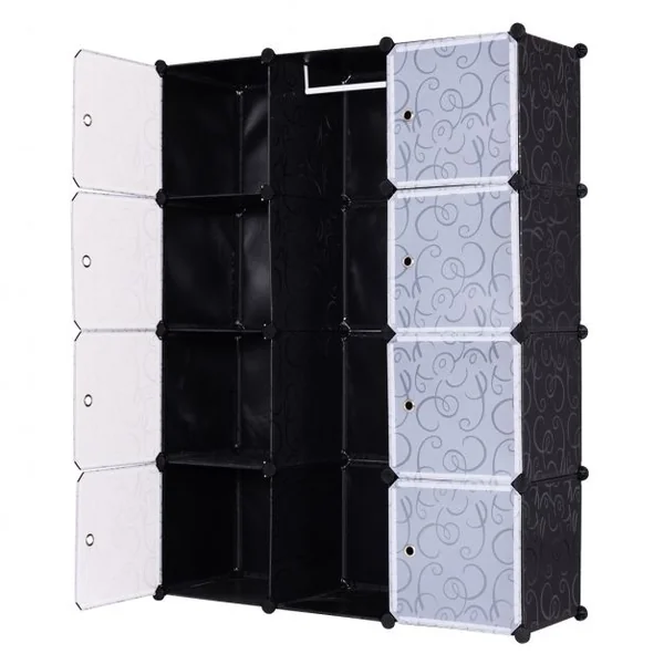 Armoire Modulable de Chambre avec Penderie pour Enfants Étagère Plastique Modulable 12 Cubes Cadre métal Noir et Blanc avec Marteau