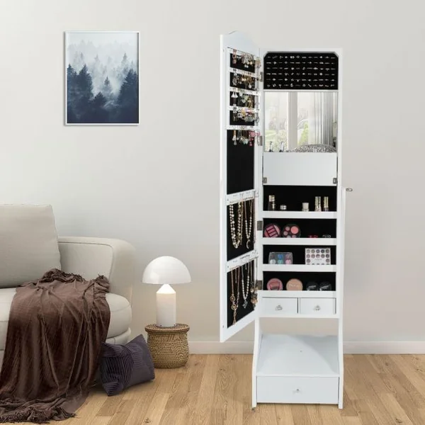 Armoire à Bijoux avec Lumières LED sur Pied avec Miroir Pivotant et 3 Tiroirs en MDF 39x37x156cm Blanc