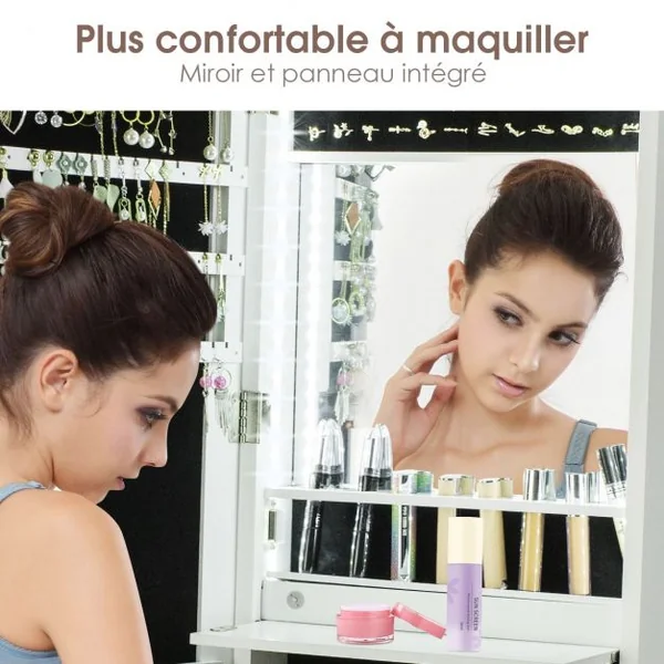 Armoire à Bijoux avec Lumières LED sur Pied avec Miroir Pivotant et 3 Tiroirs en MDF 39x37x156cm Blanc