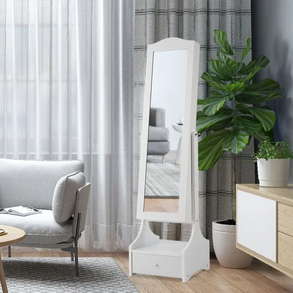 Armoire à Bijoux avec Lumières LED sur Pied avec Miroir Pivotant et 3 Tiroirs en MDF 39x37x156cm Blanc