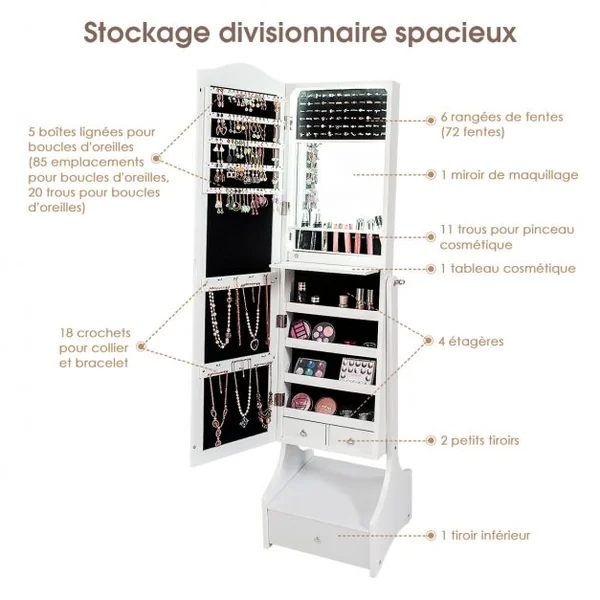 Armoire à Bijoux avec Lumières LED sur Pied avec Miroir Pivotant et 3 Tiroirs en MDF 39x37x156cm Blanc