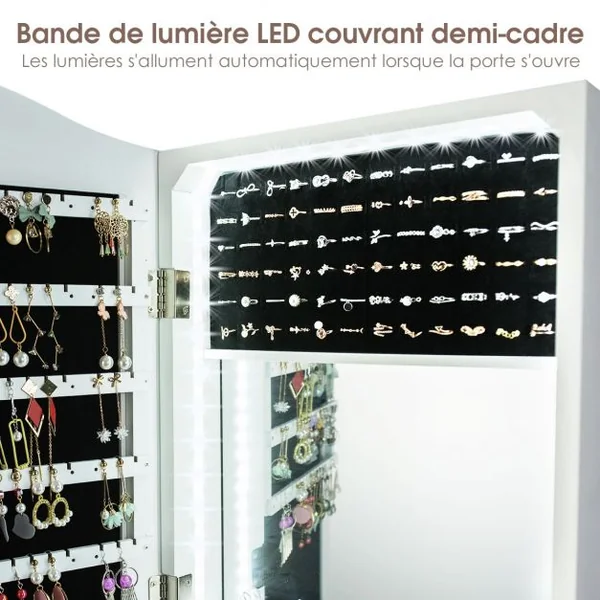 Armoire à Bijoux avec Lumières LED sur Pied avec Miroir Pivotant et 3 Tiroirs en MDF 39x37x156cm Blanc