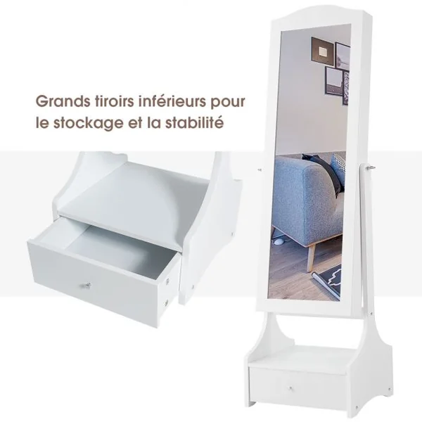 Armoire à Bijoux avec Lumières LED sur Pied avec Miroir Pivotant et 3 Tiroirs en MDF 39x37x156cm Blanc