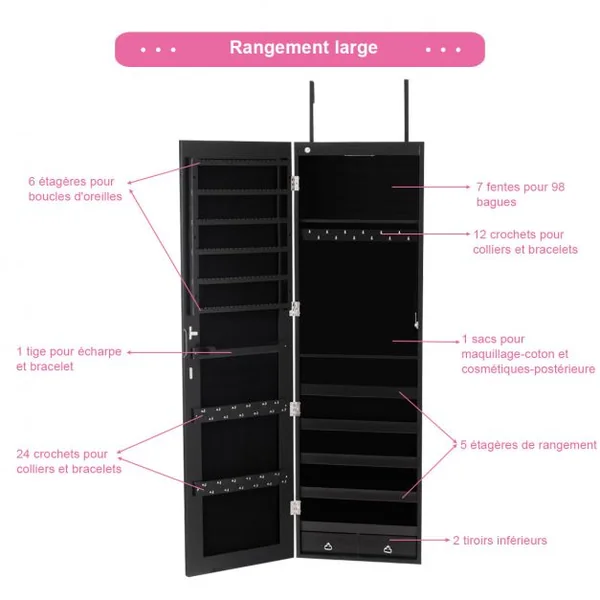 Armoire à Bijoux avec Miroir et Lumière LED Multiples Rangements, avec crochets pour porte, 120 x 36 x 10 cm, Noir