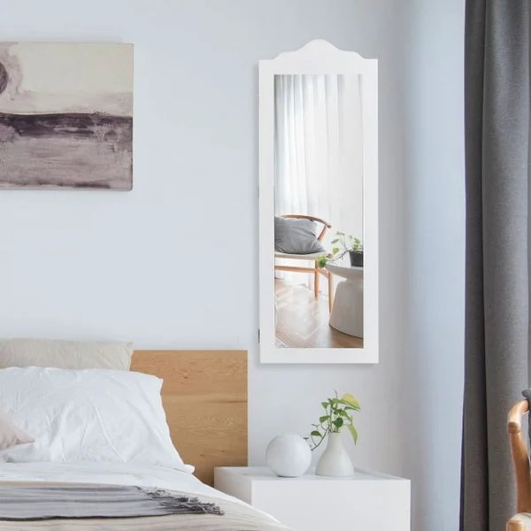 Armoire à Bijoux Mural et Suspendu à Une Porte avec Miroir Lumière Led Etagères Velours en Mdf 120x8,7x37cm Blanc