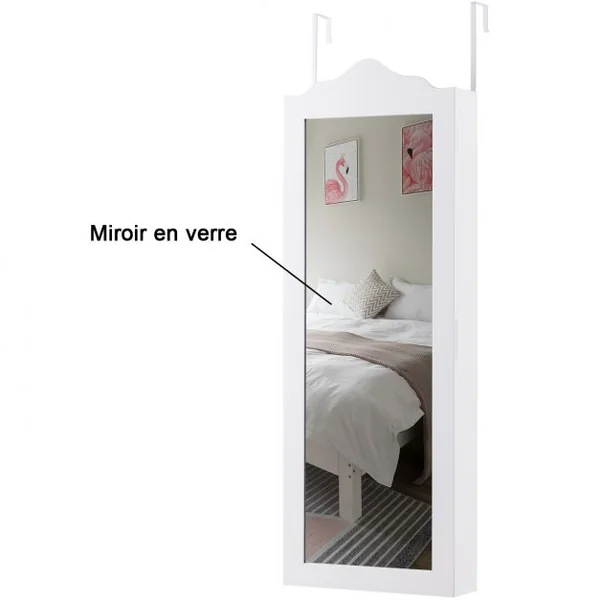 Armoire à Bijoux Mural et Suspendu à Une Porte avec Miroir Lumière Led Etagères Velours en Mdf 120x8,7x37cm Blanc