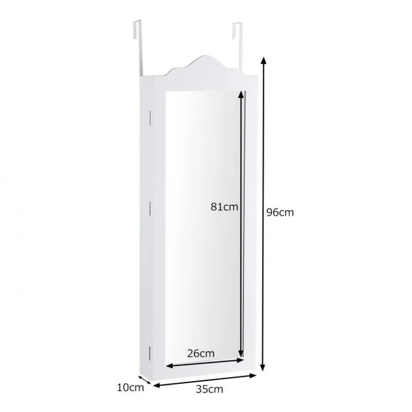 Armoire à Bijoux Mural et Suspendu à Une Porte avec Miroir Lumière Led Etagères Velours en Mdf 120x8,7x37cm Blanc