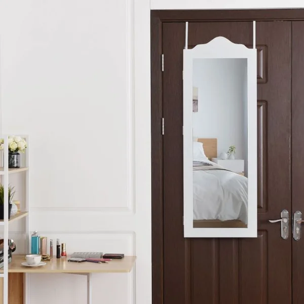 Armoire à Bijoux Mural et Suspendu à Une Porte avec Miroir Lumière Led Etagères Velours en Mdf 120x8,7x37cm Blanc