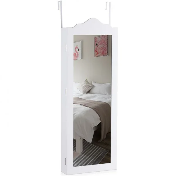 Armoire à Bijoux Mural et Suspendu à Une Porte avec Miroir Lumière Led Etagères Velours en Mdf 120x8,7x37cm Blanc