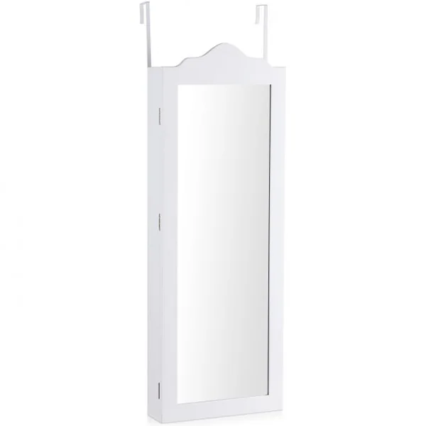 Armoire à Bijoux Mural et Suspendu à Une Porte avec Miroir Lumière Led Etagères Velours en Mdf 120x8,7x37cm Blanc