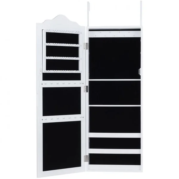 Armoire à Bijoux Mural et Suspendu à Une Porte avec Miroir Lumière Led Etagères Velours en Mdf 120x8,7x37cm Blanc