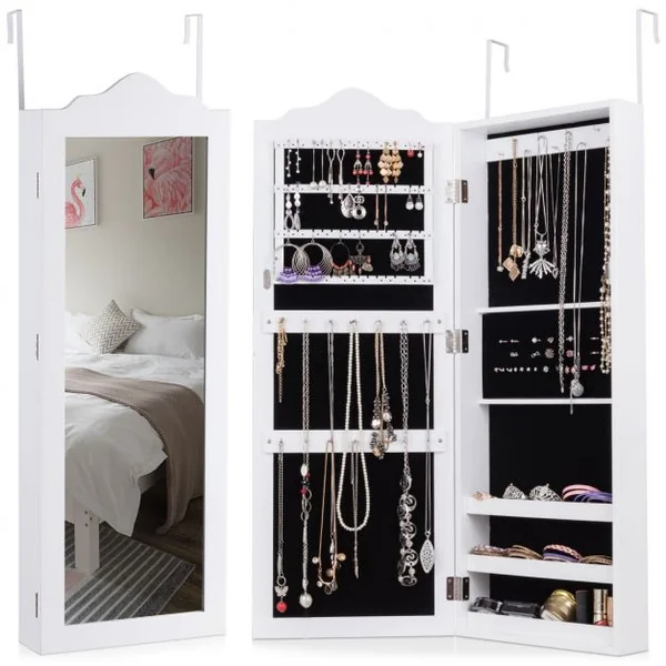 Armoire à Bijoux Mural et Suspendu à Une Porte avec Miroir Lumière Led Etagères Velours en Mdf 120x8,7x37cm Blanc