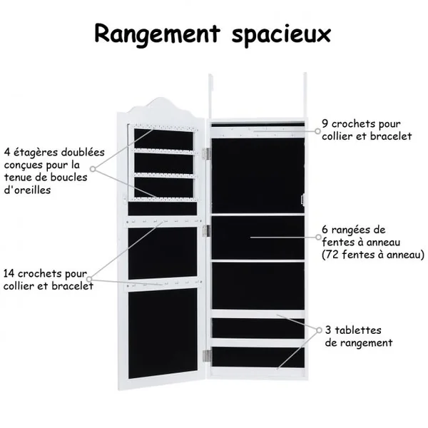 Armoire à Bijoux Mural et Suspendu à Une Porte avec Miroir Lumière Led Etagères Velours en Mdf 120x8,7x37cm Blanc