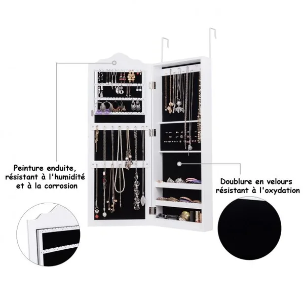 Armoire à Bijoux Mural et Suspendu à Une Porte avec Miroir Lumière Led Etagères Velours en Mdf 120x8,7x37cm Blanc