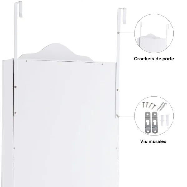 Armoire à Bijoux Mural et Suspendu à Une Porte avec Miroir Lumière Led Etagères Velours en Mdf 120x8,7x37cm Blanc