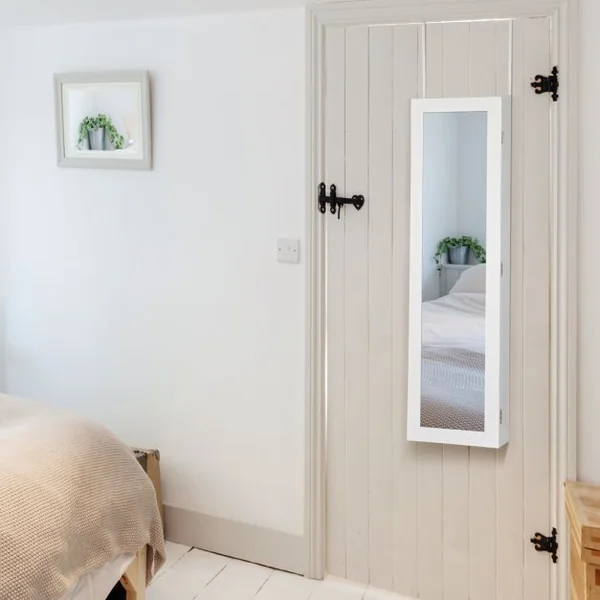 Armoire à Bijoux Murale avec Lumières LED et Miroir en Verre Multi-rangements 2 Clés en MDF 37x8,5x120cm Blanc