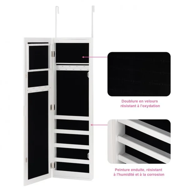 Armoire à Bijoux Murale avec Lumières LED et Miroir en Verre Multi-rangements 2 Clés en MDF 37x8,5x120cm Blanc