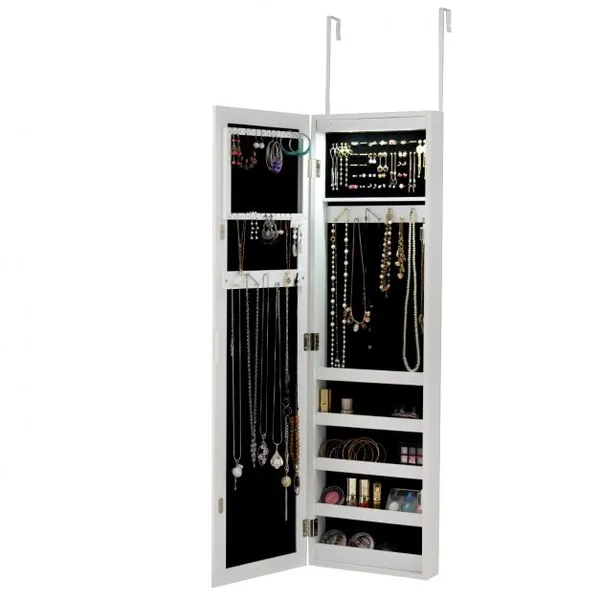 Armoire à Bijoux Murale avec Lumières LED et Miroir en Verre Multi-rangements 2 Clés en MDF 37x8,5x120cm Blanc
