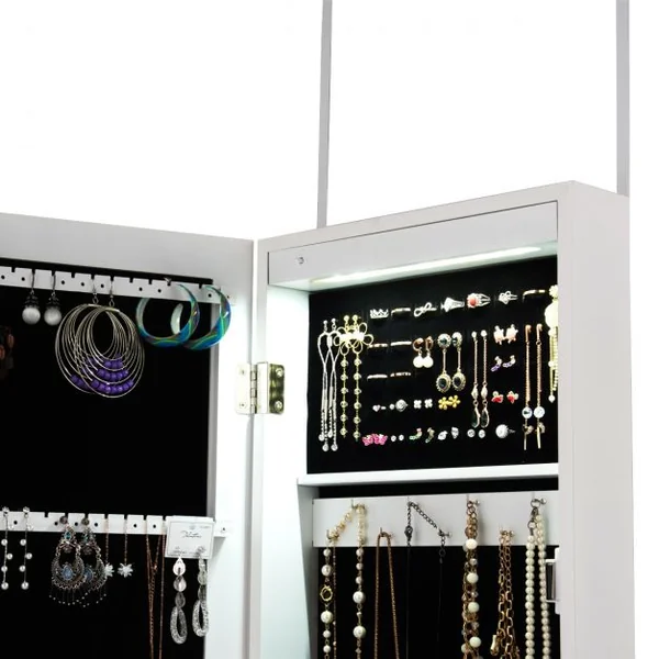 Armoire à Bijoux Murale avec Lumières LED et Miroir en Verre Multi-rangements 2 Clés en MDF 37x8,5x120cm Blanc