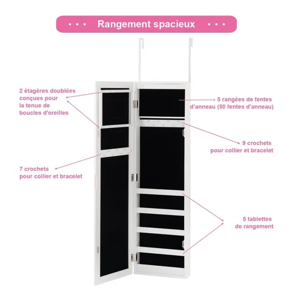 Armoire à Bijoux Murale avec Lumières LED et Miroir en Verre Multi-rangements 2 Clés en MDF 37x8,5x120cm Blanc