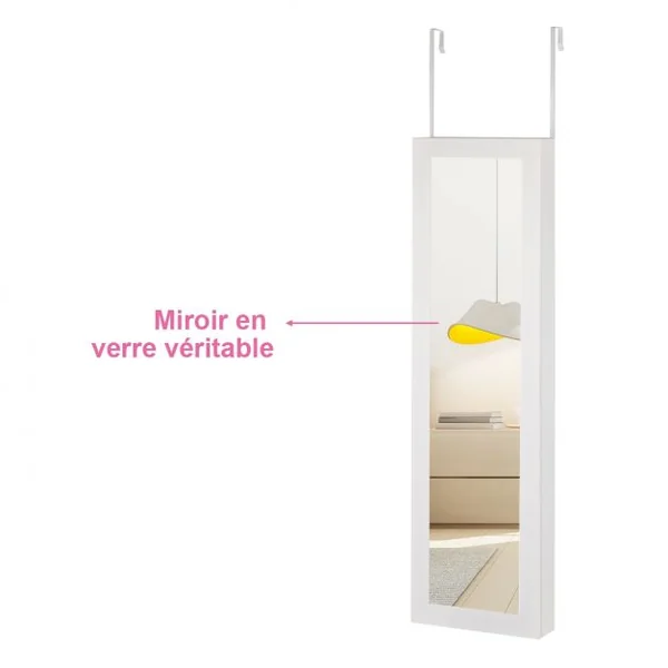 Armoire à Bijoux Murale avec Lumières LED et Miroir en Verre Multi-rangements 2 Clés en MDF 37x8,5x120cm Blanc