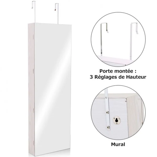 Armoire à bijoux murale/porte avec miroir Armoire de rangement de bijoux verrouillable en MDF 40x12x120cm Blanc