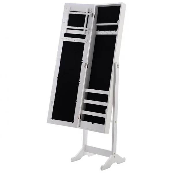 Armoire à bijoux sur pied avec miroir, Coffre à bijoux avec miroir et rangement, Grand modèle, 33 x 37 x 142 cm, Blanc