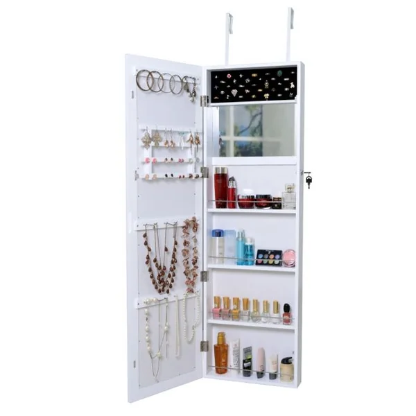 Armoire à bijoux suspendue avec miroir Armoire à bijoux verrouillable avec crochets de suspension, 37x120x10 cm, Blanc