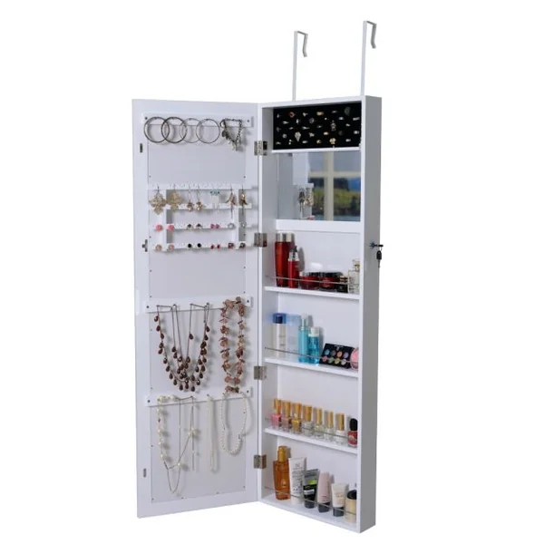 Armoire à bijoux suspendue avec miroir Armoire à bijoux verrouillable avec crochets de suspension, 37x120x10 cm, Blanc