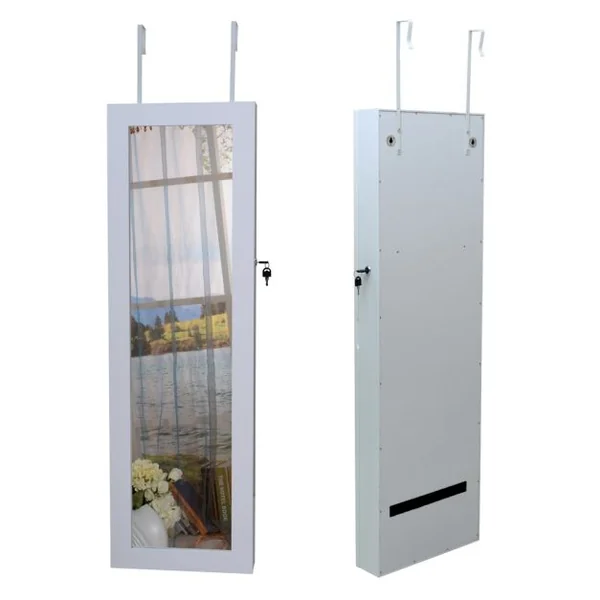 Armoire à bijoux suspendue avec miroir Armoire à bijoux verrouillable avec crochets de suspension, 37x120x10 cm, Blanc