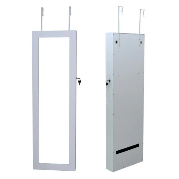 Armoire à bijoux suspendue avec miroir Armoire à bijoux verrouillable avec crochets de suspension, 37x120x10 cm, Blanc