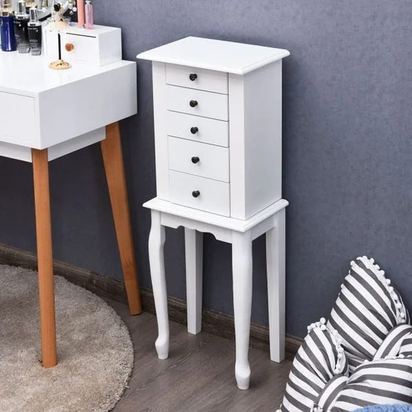 Armoire à Bijoux Vintage Sur Pied avec Miroir et 5 Tiroirs Doublure en Velours en Mdf 31,5x21,5x86,5cm Blanc